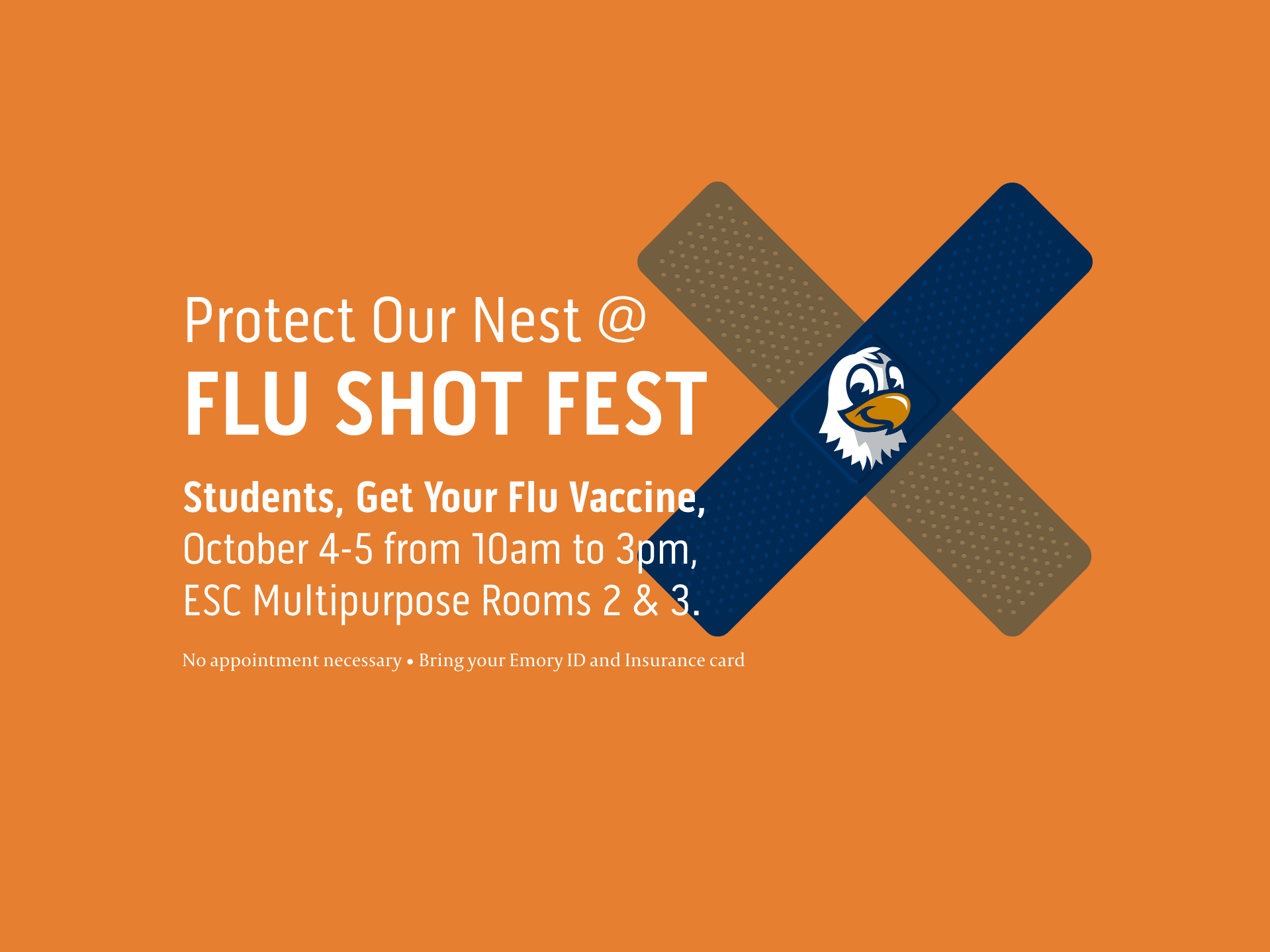 Flu Shot Fest, October 4 & 5, 10 am to 3 pm, Emory Student Center MPR 2 & 3